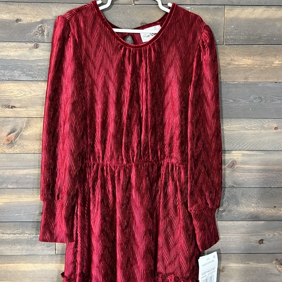 New Rare Editions Long Sleeve Textured Velvet Tiered Dress Size 8 Color Burgundy - Picture 2 of 14